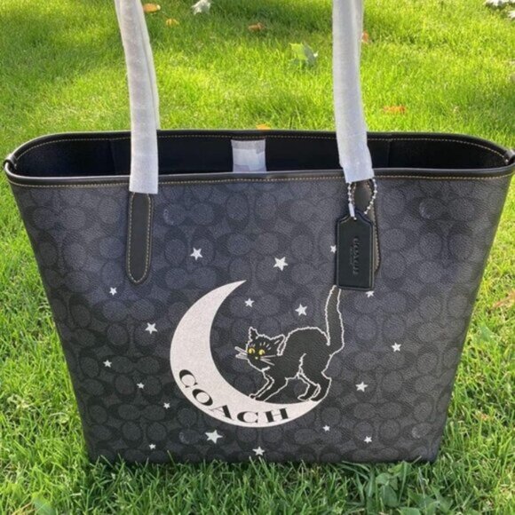 Coach City Tote In Signature Canvas With Halloween Graphic Cat Moon - Picture 1 of 8